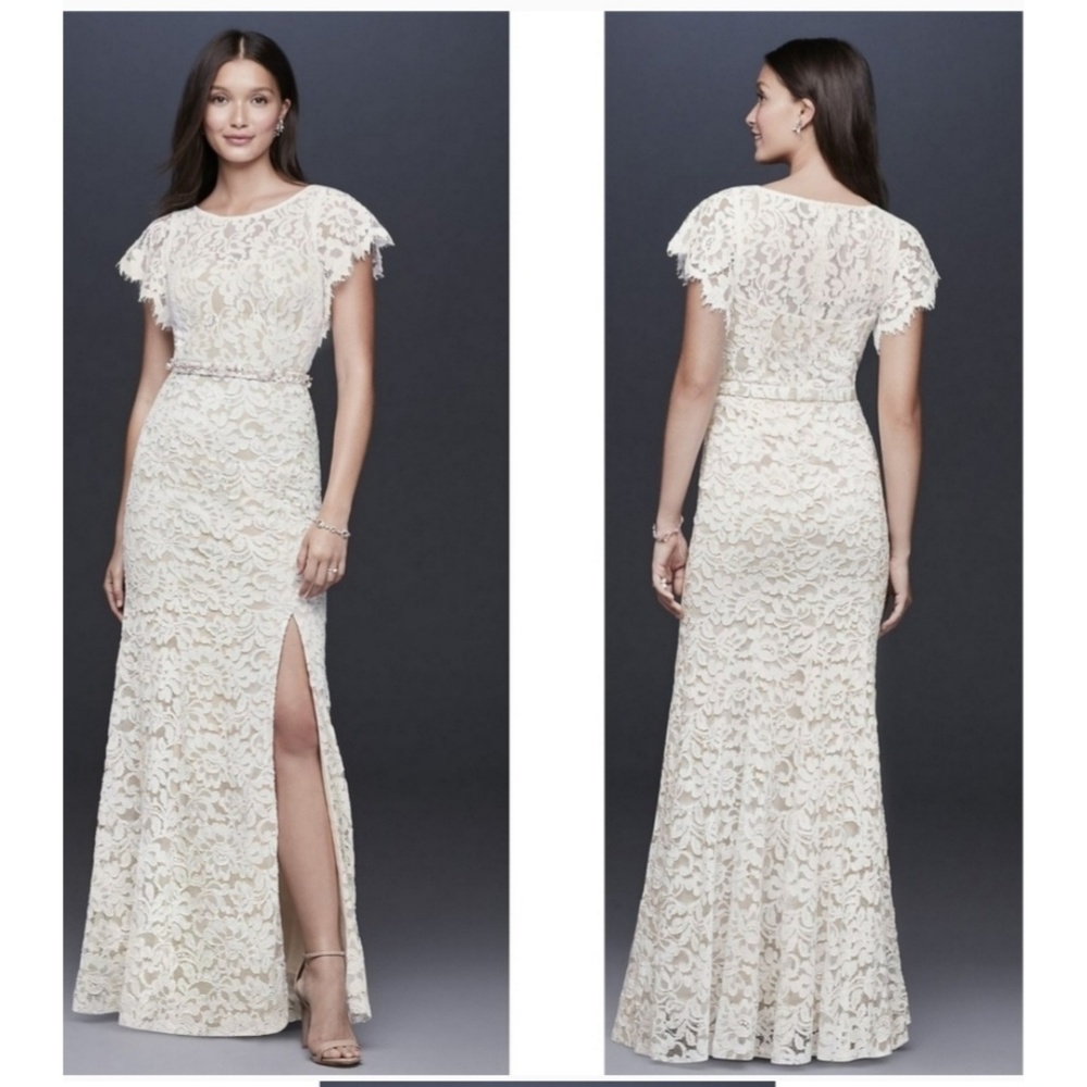 DB STUDIO FLUTTER SLEEVE ILLUSION LACE GOWN